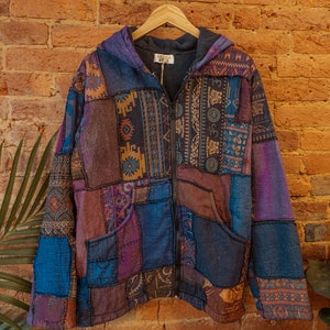 Men’s Women’s Unisex Hippie Patchwork Jacket, Recycled Fleece Lined Coat, Grunge Style Hippie Carhardtt Jacket, Boho Zip up hoodie