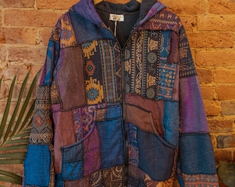 Herren Damen Unisex Hippie Patchwork Jacke, Mantel mit recyceltem Fleece gefüttert, Hippie Carhardtt Jacke im Grunge-Stil, Boho Zip Hoodie