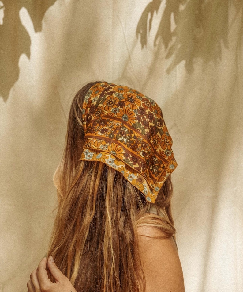 Silk Hippie Boho Bandana, Square Head Scarf, Bohemian Hair Wrap, Unique hippie gift, stocking stuffer, pet dog scarf Honey Bee