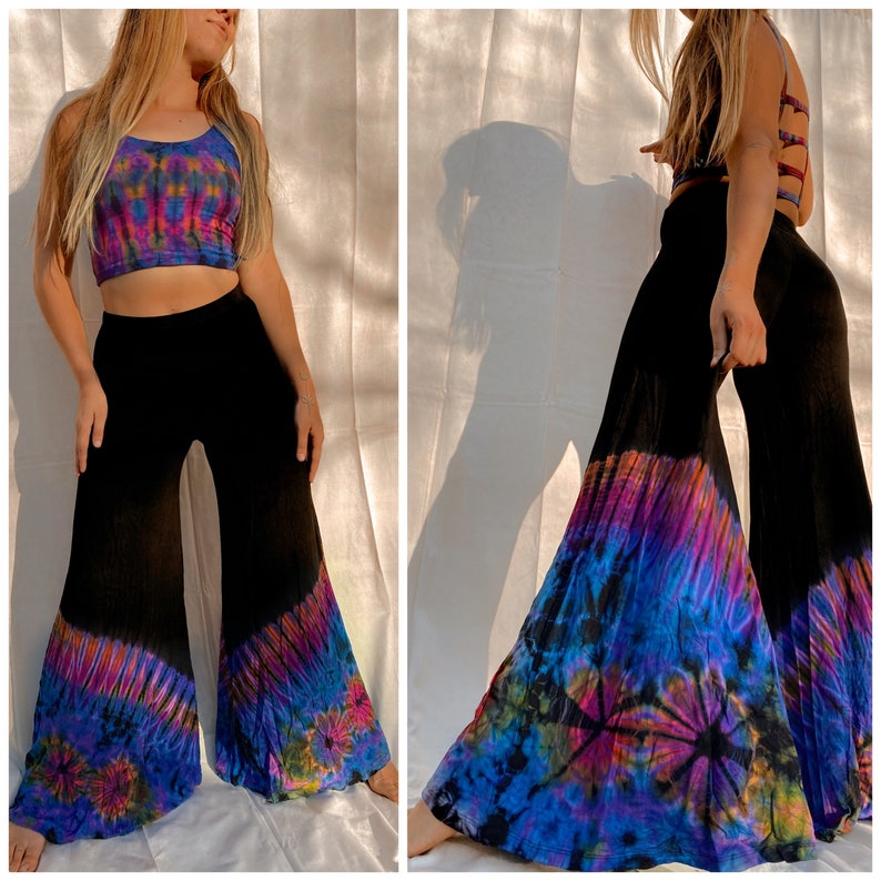 Wide Leg Hippie Boho Tie Dye Palazzo Pants XS-3X Festival Bell Bottom Green Flowy Trousers, yoga spandex Flare pants image 2