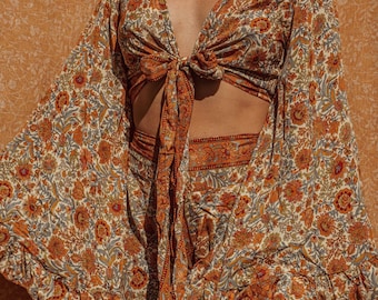 3-Wege Glockenärmel Hippie Boho Wickeltop, 70er Jahre Kleidung, Vintage Seide Retro Eco Top, Aufflackern Ärmel Ästhetik, Free Spirit Style