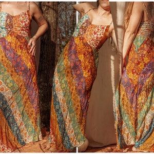 Bohemian Patchwork Rainbow Silk Dress, Gorgeous Hippie Boho Maxi Dress, Colorful Dress, PLUS size available