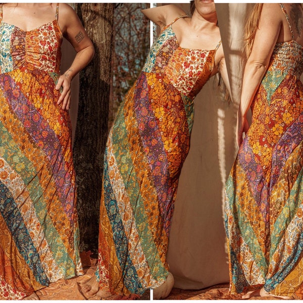 Bohemian Patchwork Rainbow Silk Dress, Gorgeous Hippie Boho Maxi Dress, Colorful Dress, PLUS size available