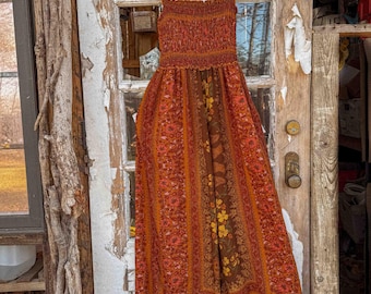 Boho Jumpsuit or Pants 2-in-1 Outfit, Free Spirit Jumpsuit or Foldable Waistband Pants Plus Size Bohemian Floral Overalls, Stretchy Dungaree