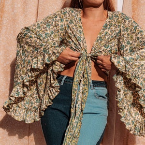 3-way Bell Sleeve Tie Front Hippie Boho Wrap Top, 70s Style Clothing, Vintage Silk Retro Eco Top, Flare Sleeve Aesthetic, Free Spirit Style