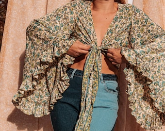 3-Wege Glockenärmel Hippie Boho Wickeltop, 70er Jahre Kleidung, Vintage Seide Retro Eco Top, Aufflackern Ärmel Ästhetik, Free Spirit Style