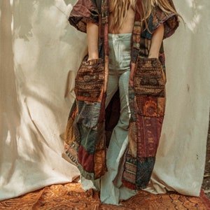 Fall Hippie Boho Mens Womens Patchwork Cotton Kimono, Grunge Style ...