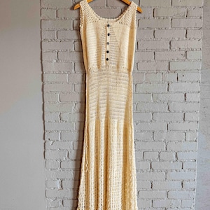 Viva Vintage Inspired Hand-Crocheted Maxi Dress, 100% Cotton Handmade Crochet Beachy Open Knit Dress, Cream Colored Bohemian Maxi Dress
