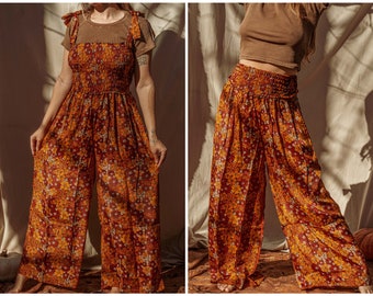 2-in-1 Hippie Silk Wide Leg Jumpsuit, Flare Pants, Fall Outfit, Bohemian Wide Leg Jumper, Dungarees Flare Overalls XS-2X