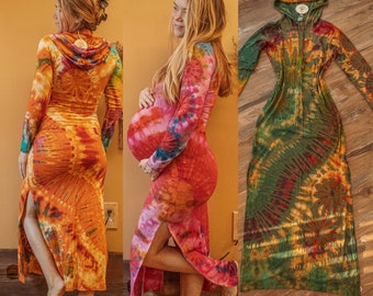 Hippie Bohemian Tie Dye Long Hoodie Dress, Comfortable Maternity Dress, Tie Dye Festival Dress, Warm Hoodie Bodycon Dress, PLUS size hippie