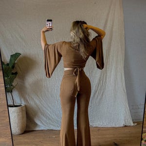 Organic Certified EcoVero Yoga Pants, Strapless Yoga Jumpsuit, High Waist Foldable Waistband Back Pocket Booty Yoga Pants, Flare Leggings