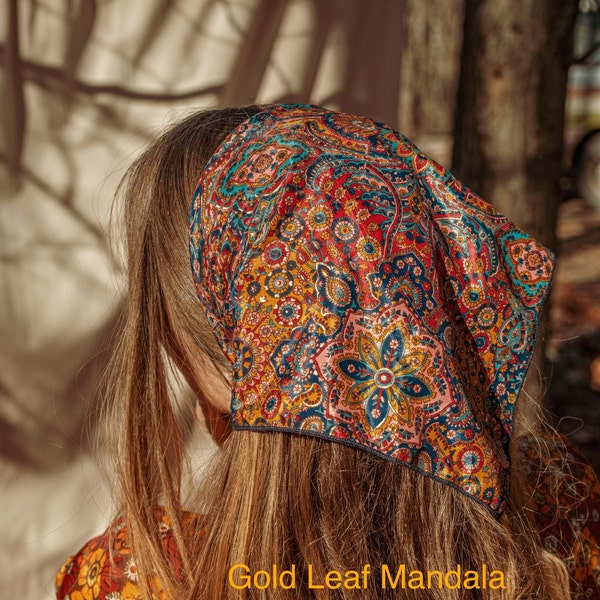 Silk Hippie Boho Bandana, Unique Square Head Scarf, Bohemian Hair Wrap, Fall Clothing Accessory