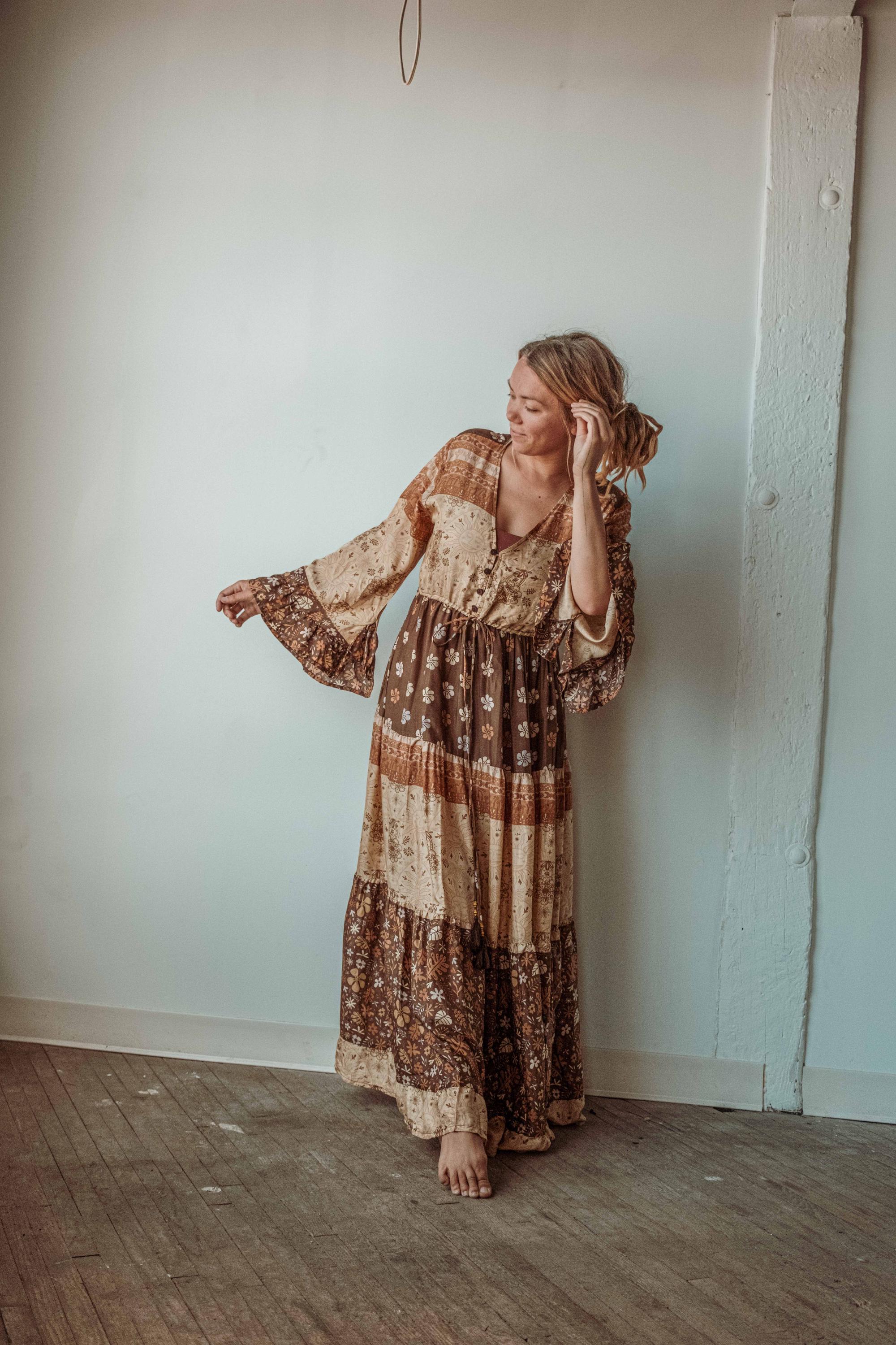 fitted lace wedding dress Women's Long Sleeve Boho Floral Mini Dress in Ivory (Available in Plus Sizes) main image 1