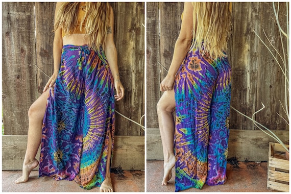 Wrap Split Leg Pants, Open Flow Pants, Hippie Tie Dye Palazzo