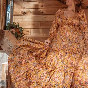 Bohemian Floral Hand Block Printed Maxi Dress, Maternity Photoshoot Dress, Lightweight Cotton Long Dress, Spring Long Sleeve Style Dress image 9