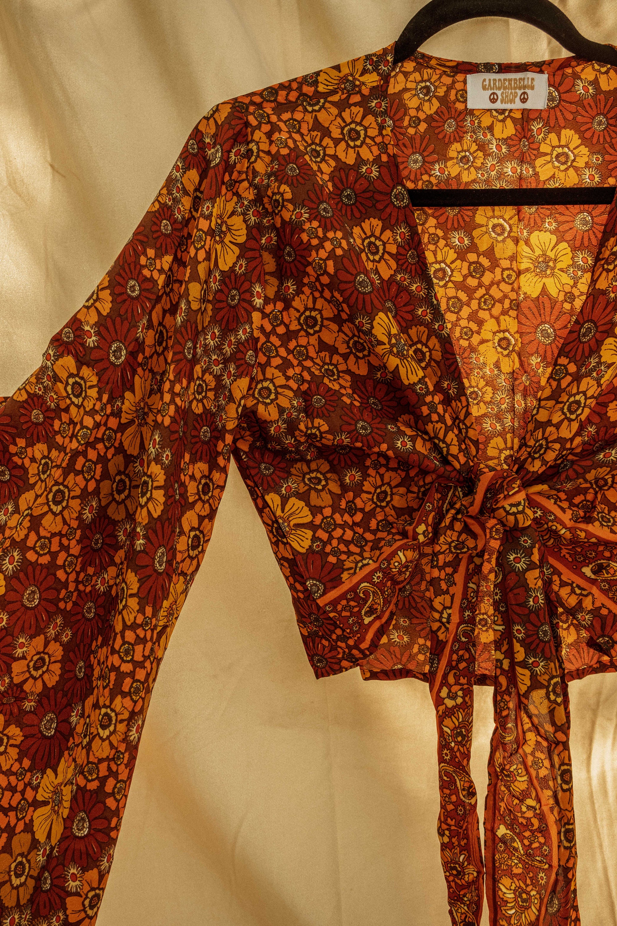 3-way Bell Sleeve Tie Front Hippie Flower Boho Wrap Top, 70s