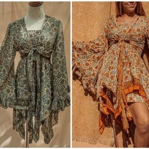 Hippie Boho 2 piece Dress Outfit Set, 70s Style Bell Sleeve Tie Top + Butterfly Fairy Dress, Free Spirit Style XS-1X
