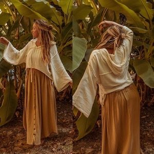 Boho Organic Cotton Bamboo Beachy Witchy Hoodie, Bohemian Grunge Crop Hoodie Top Muslin Sweatshirt, Whimsigoth Cottage Core Bell Sleeve Top