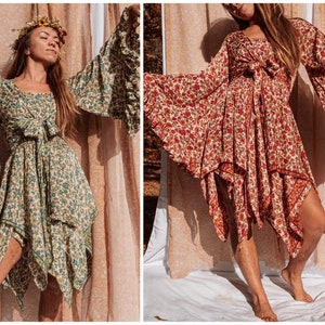 Hippie Boho 2 piece Dress Outfit Set, 70s Style Bell Sleeve Tie Top + Butterfly Fairy Dress, Free Spirit Spell Style XS-1X