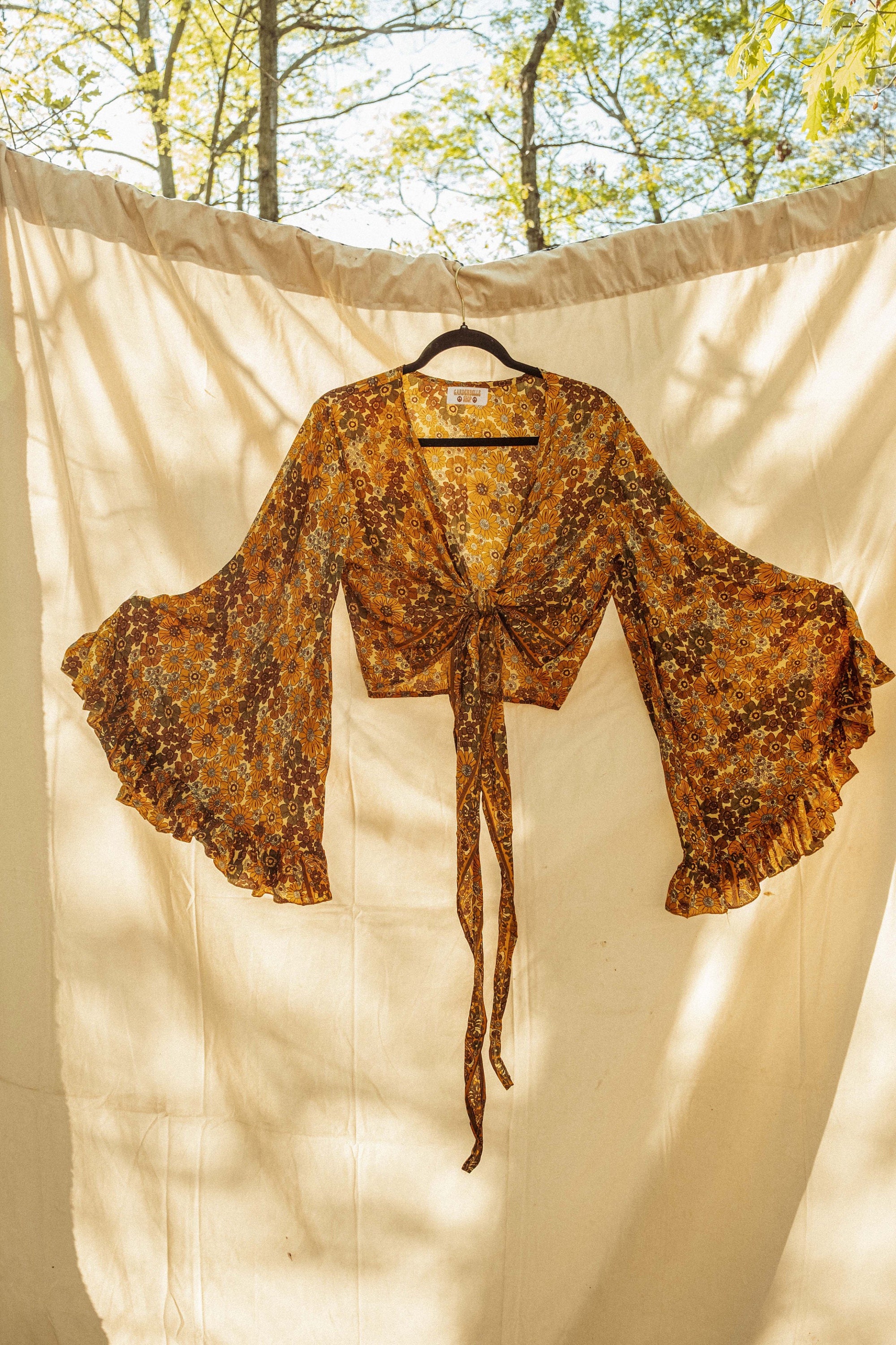 3-way Bell Sleeve Tie Front Hippie Flower Boho Wrap Top, 70s