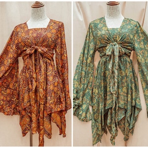 Hippie Boho 2 piece Dress Outfit Set, 70s Style Bell Sleeve Tie Top + Butterfly Fairy Dress, Free Spirit 70s Costume XS-1X 2X 3X 4X