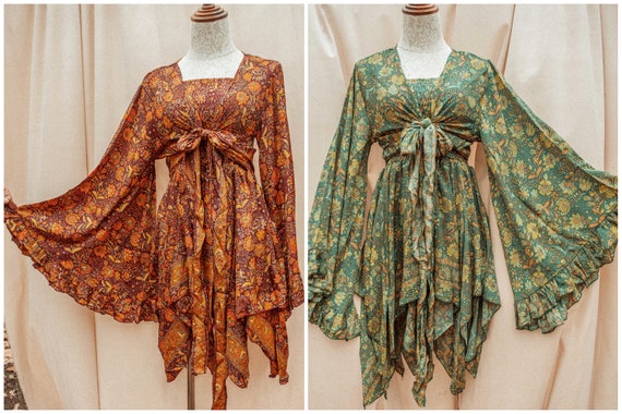 Hippie Boho 2 Piece Dress Outfit Set, 70s Style Bell Sleeve Tie Top  Butterfly Fairy Dress, Free Spirit 70s Costume XS-1X 2X 3X 4X 