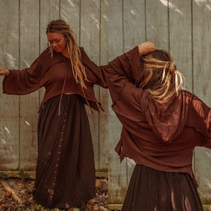 Boho Organic Cotton Bamboo Beachy Witchy Hoodie, Bohemian Grunge Crop Hoodie Top Muslin Sweatshirt, Whimsigoth Cottage Core Bell Sleeve Top