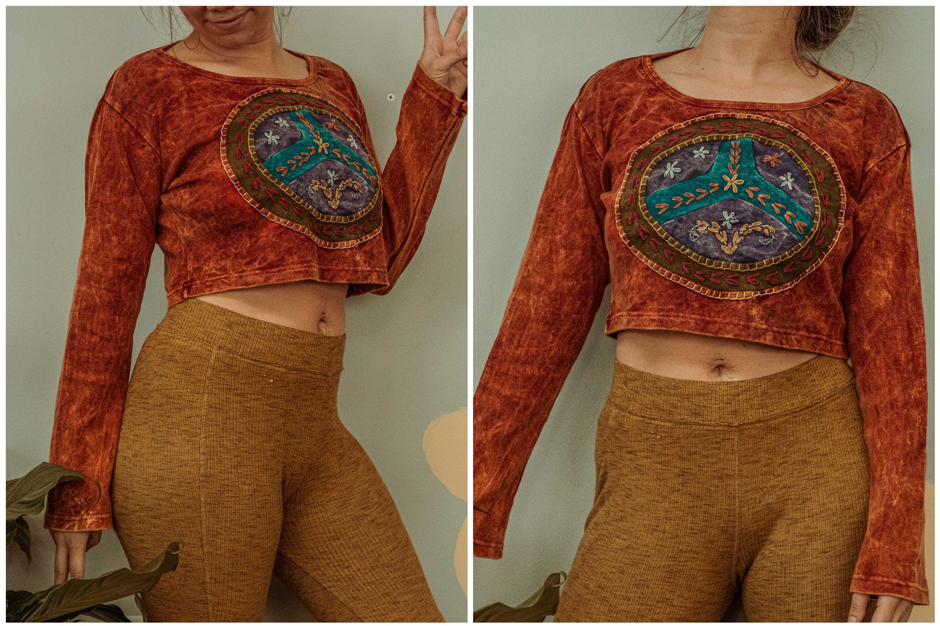 Peace Style Hippie Bohemian Patchwork Long Sleeve Crop Top