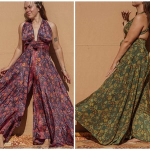 Hippie Boho Wide Leg Jumpsuit, Halter Tie Back Flare Pantsuit XS-4X, Silk Flowy Jumper, Bohemian Jumpsuit, Gorgeous Hippie Outfit Dungaree