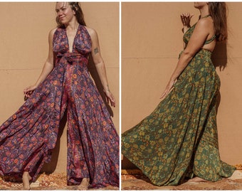 Hippie Boho Wide Leg Jumpsuit, Halter Tie Back Flare Pantsuit XS-4X, Silk Flowy Jumper, Bohemian Jumpsuit, Gorgeous Hippie Outfit Dungaree