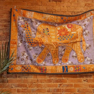 Hand Embroidered Elephant Wall hanging, Indian Handmade Tapestry, Cotton Patchwork Textile Home Decor Piece, Hippie Boho Wall Decor