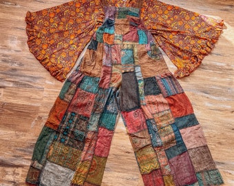 2 Piece Hippie Boho Set, Patchwork Overalls + Silk Bell Sleeve Wrap Tie Top, Fall Outfit, Earthy Bohemian Style, XS - PLUS SIZE