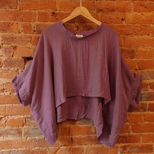 May include: A mauve-colored, lightweight, cropped top with a relaxed fit and a slightly asymmetrical hemline. The top is hanging on a wooden hanger against a brick wall.