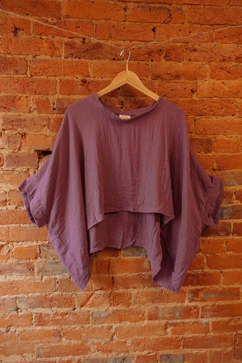 May include: A mauve-colored, lightweight, cropped top with a relaxed fit and a slightly asymmetrical hemline. The top is hanging on a wooden hanger against a brick wall.