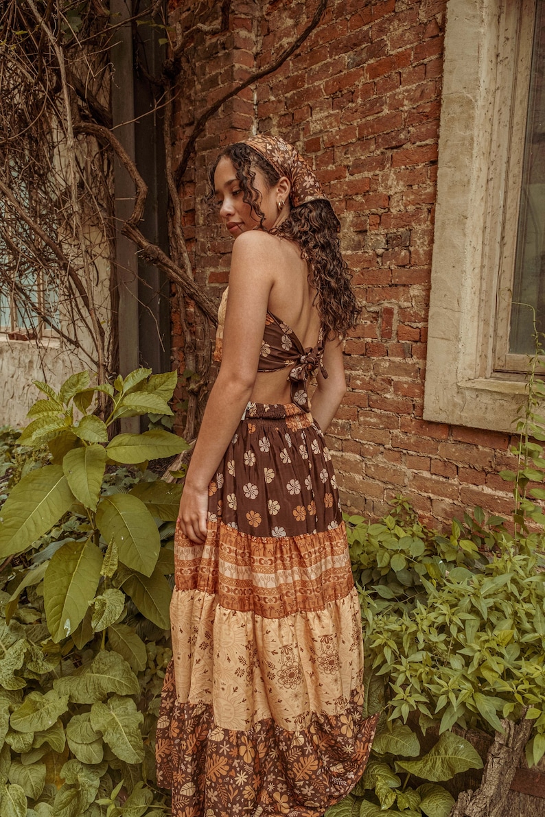 Bohemian Desert Solstice Tiered Soft Maxi Skirt, Hippie Boho Style Sun Moon Skirt, Earthy Neutral Natural Vibe Dress image 1