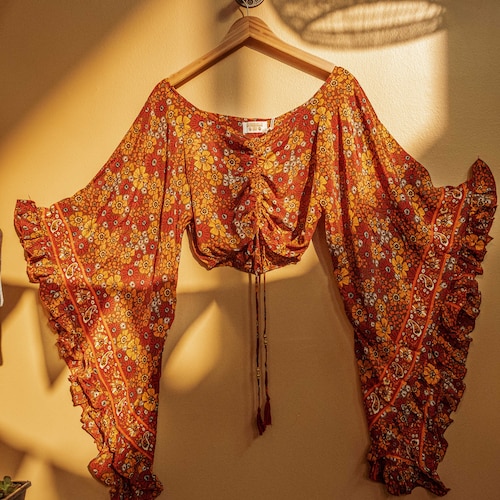 Hippie Bohemian Flare Bell Sleeve Top, Flowy Silk Long Sleeve Top