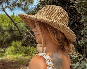Organic Boho Sun Hat, Zahara Handmade Raffia Straw Floppy Hat, Boho Style Beach Hat, Surfer Hat, Natural Fiber Hat, Summer Crochet Straw Hat