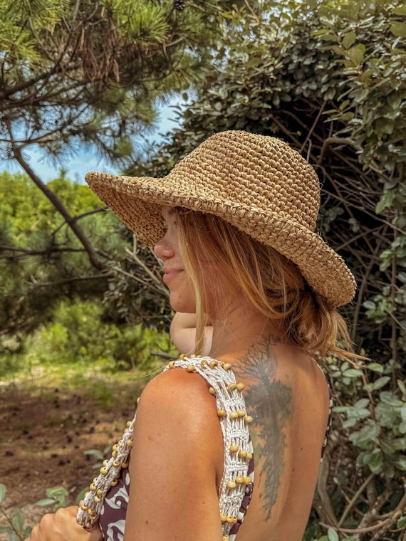Organic Boho Sun Hat, Zahara Handmade Raffia Straw Floppy Hat, Boho Style Beach Hat, Surfer Hat, Natural Fiber Hat, Summer Crochet Straw Hat