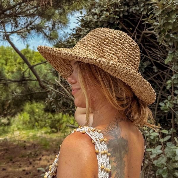Organic Boho Sun Hat, Zahara Handmade Raffia Straw Floppy Hat, Boho Style Beach Hat, Surfer Hat, Natural Fiber Hat, Summer Crochet Straw Hat