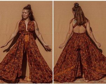 Hippie Boho Wide Leg Jumpsuit, Halter Tie Back Flare Jumpsuit XS-4X, Silk Flowy Jumper, Bohemian Jumpsuit, Gorgeous Hippie Outfit Dungarees,