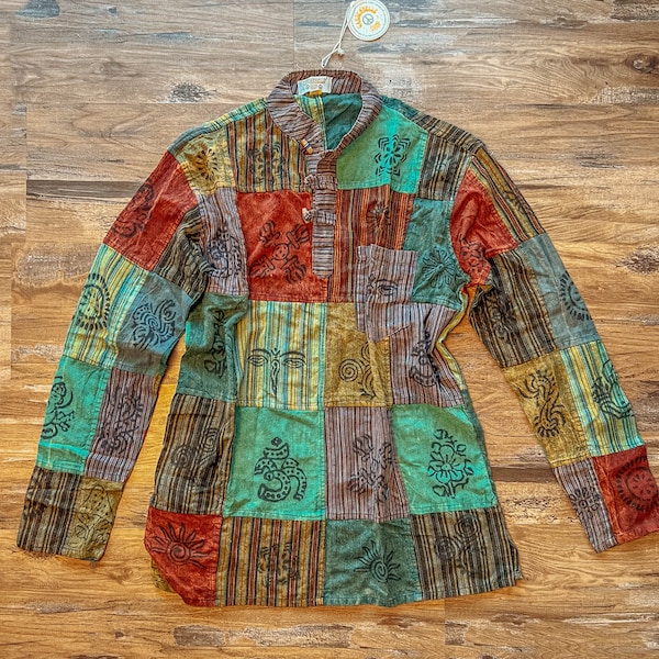 Hippie Men's Unisex Boho Patchwork Shirt, Oversized Hippie Button Shirt, Plus size Hippie Clothing, Earthy Handmade Hippie Top, Long Sleeve