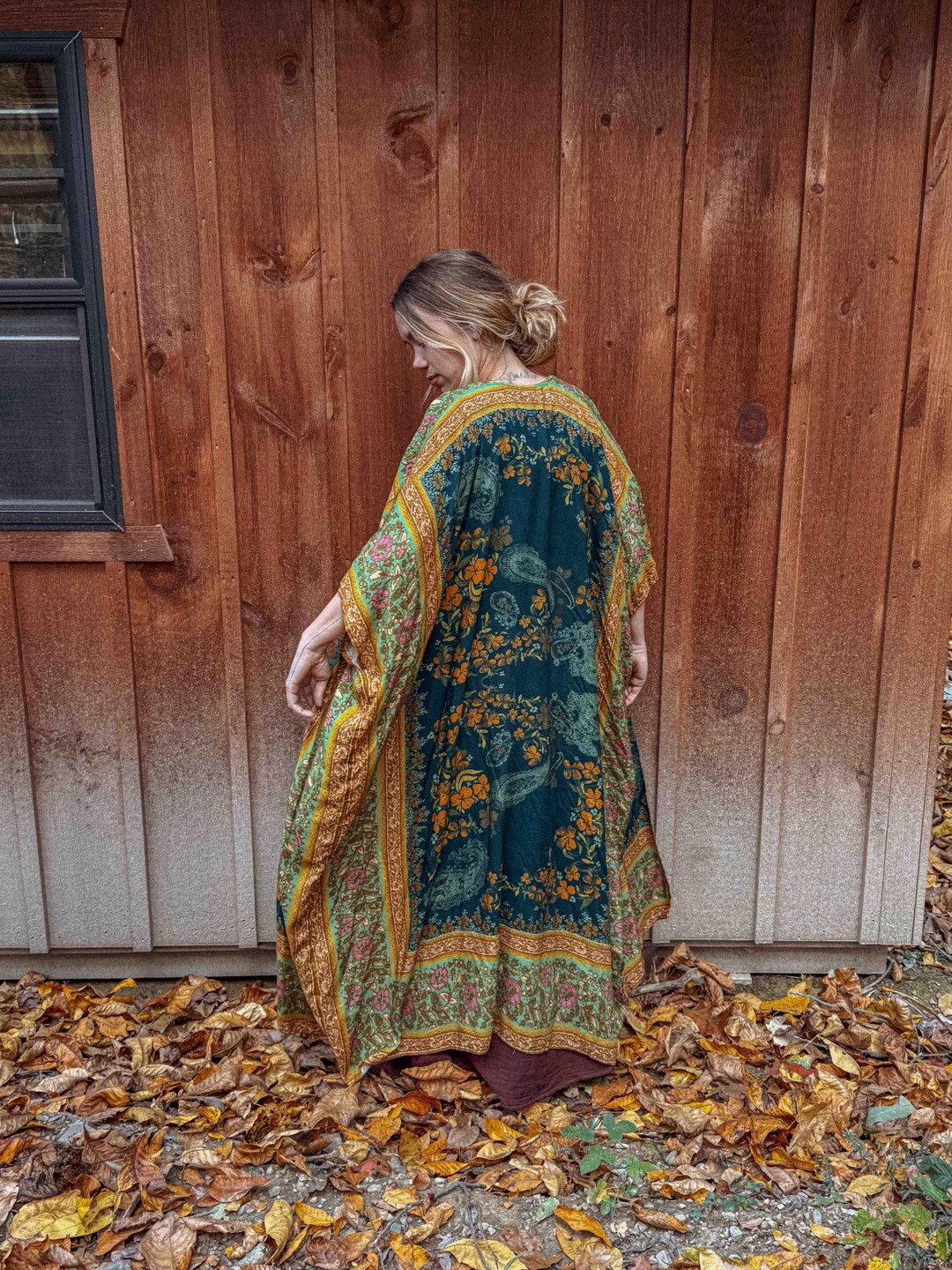 大型 NEW ETHNIC Seidea Print Design Boho Fall Long Printed Duster, Gardenbelle Bohemian Flowy Maxi