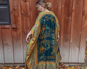 Boho Herbst Langer Gedruckter Duster, Gardenbelle Boho Flowy Maxi Kimono, Plus Size Open Front Duster