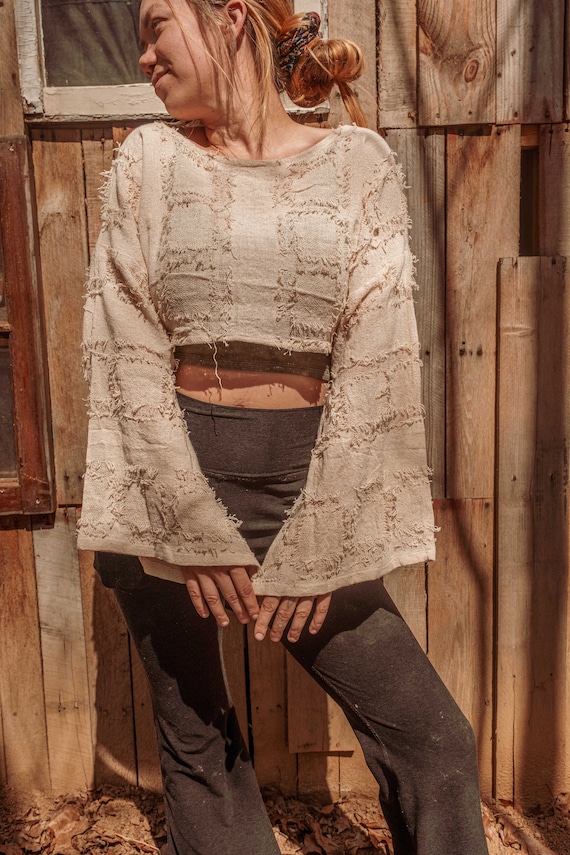 Boho Grunge Style Bell Sleeve Mesh Crop Top, Summer Grungey