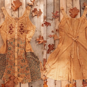 Boho Hippie Patchwork Mini Dress, Fall Button Down Dress, Cottage Core Tie Back Dress, Hippie Grunge Style Embroidered Jumper
