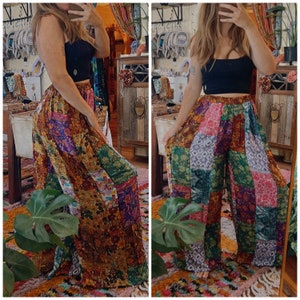 Wide Leg Silk Patchwork Pants, Boho Flowy Goddess Trousers, One of a Kind Hippie Style Pants, Free Spirit Flow XS-3X