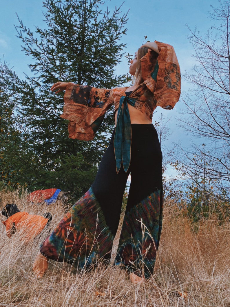 Wide Leg Hippie Boho Tie Dye Palazzo Pants XS-3X Festival Bell Bottom Green Flowy Trousers, yoga spandex Flare pants image 3