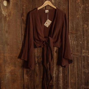 ORGANIC Cotton Bamboo Hippie Boho Bell Sleeve Muslin Tie Wrap Top, 3 Way Bohemian Natural Fiber Organic Yoga Top, Sustainable Clothing