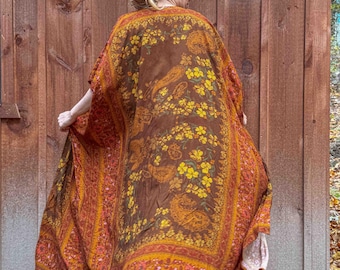 Boho Herbst Langer Gedruckter Duster, Gardenbelle Boho Flowy Maxi Kimono, Plus Size Open Front Duster