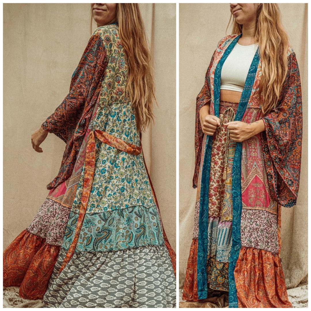 Hippie Bohemian Patchwork Silk Kimono, Choose Your Color, Recycled Silk Bell Sleeve Boho Dress